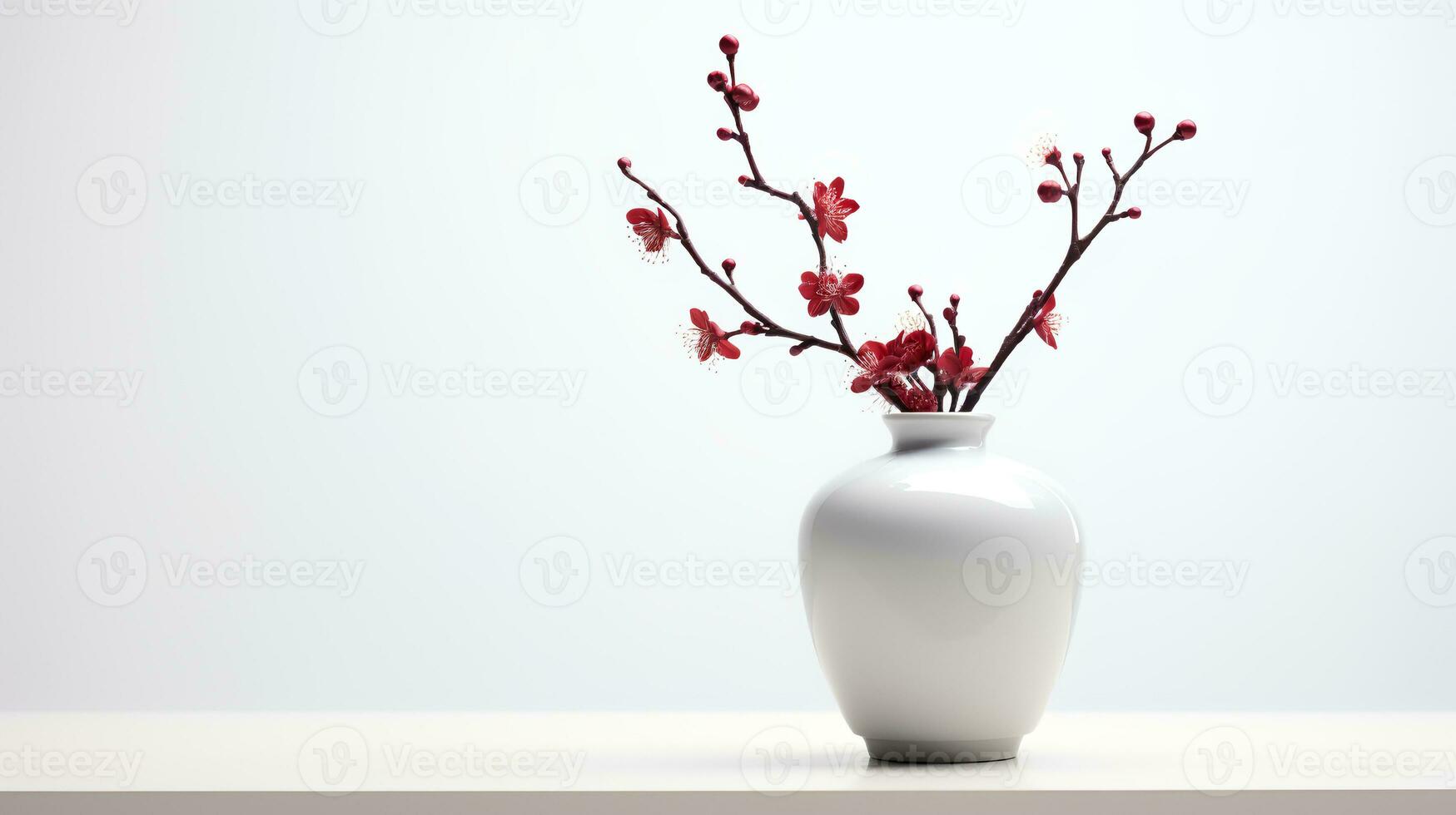 foto do ameixa Flor dentro minimalista Panela Como planta de casa para casa decoração em branco mesa em brilhante fundo. generativo ai