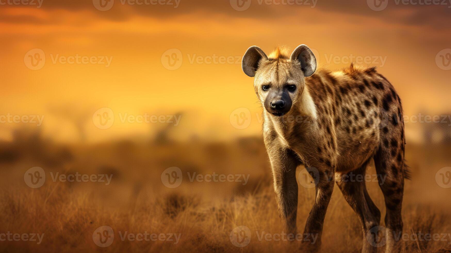 foto do hiena em savana às pôr do sol. generativo ai