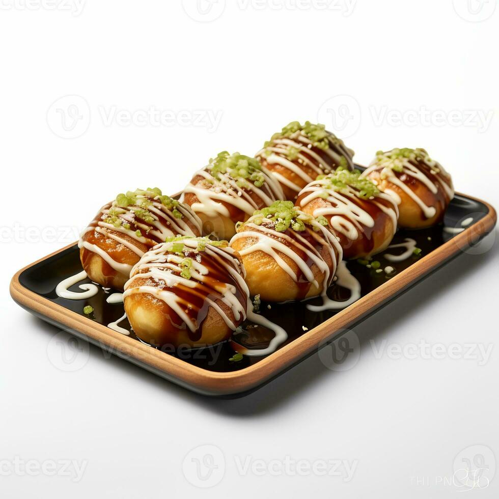 Comida fotografia do takoyaki em prato isolado em branco fundo. generativo ai foto