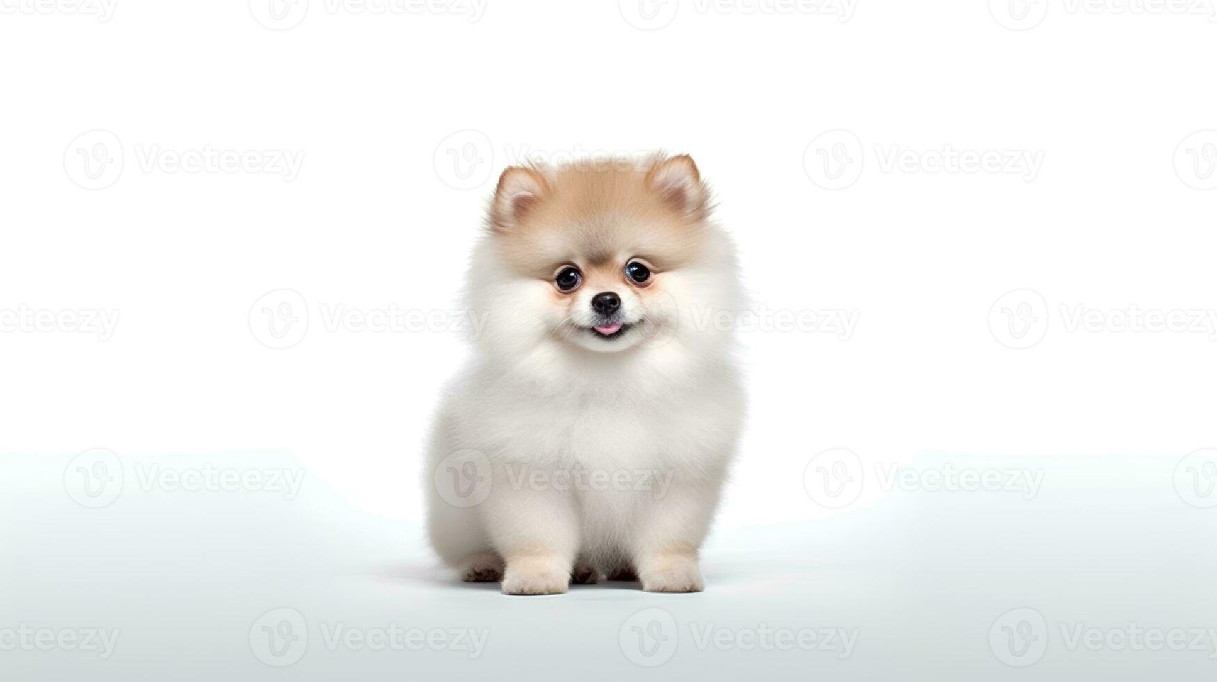 foto do uma pomerânia cachorro em branco fundo. generativo ai