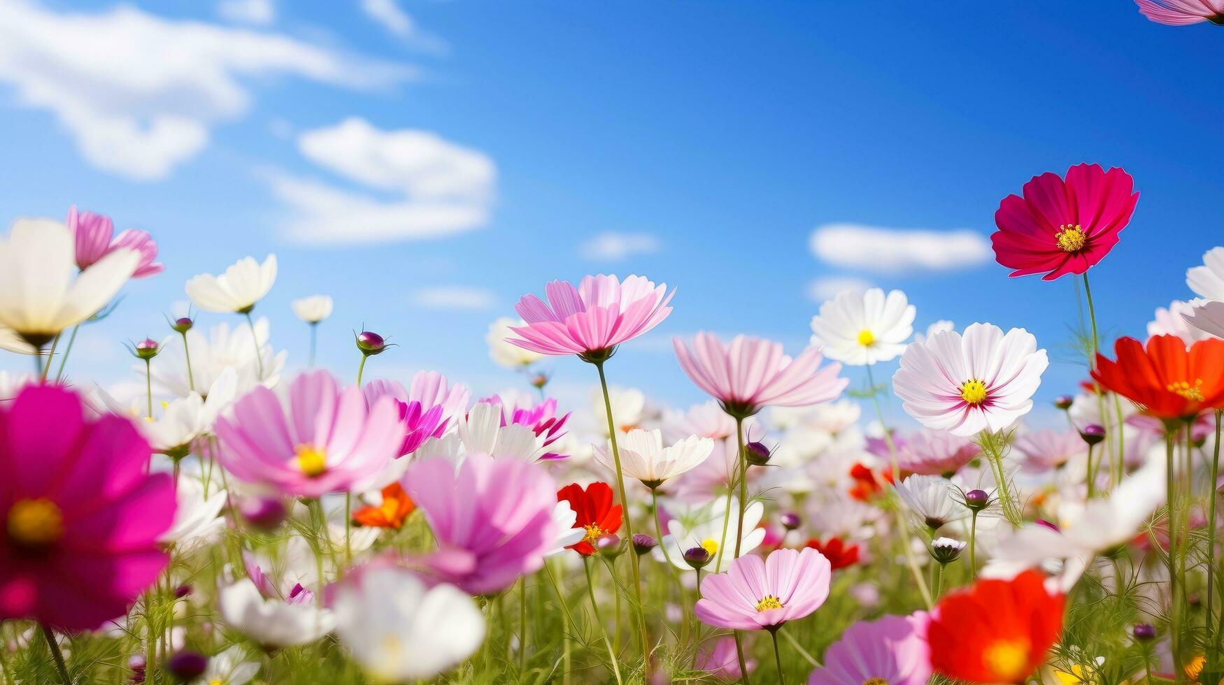 natureza floral fundo dentro cedo verão. colorida natural Primavera panorama com com flores, suave seletivo foco, generativo ai ilustração foto
