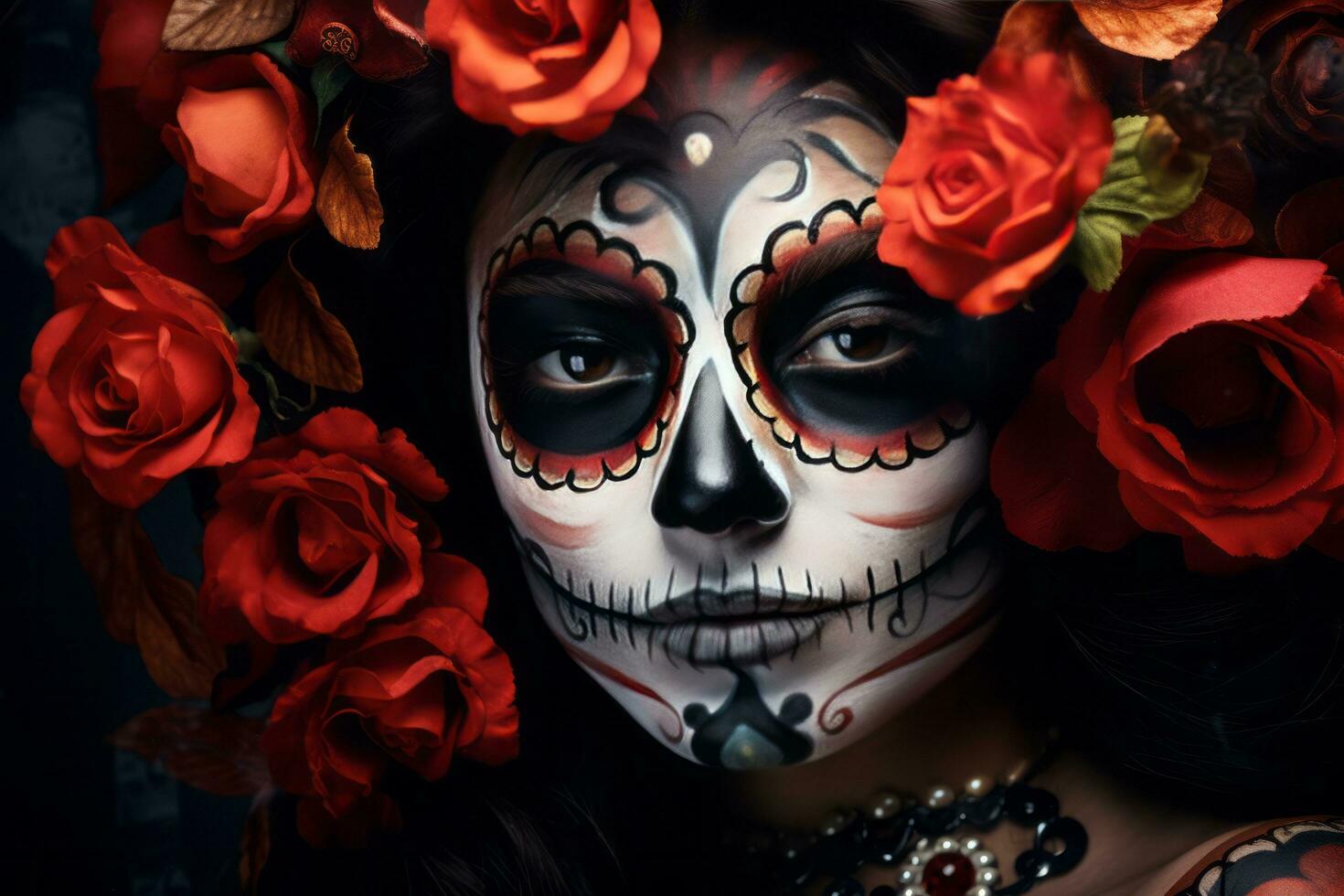 uma mexicano mulher com açúcar crânio Maquiagem e flores foto