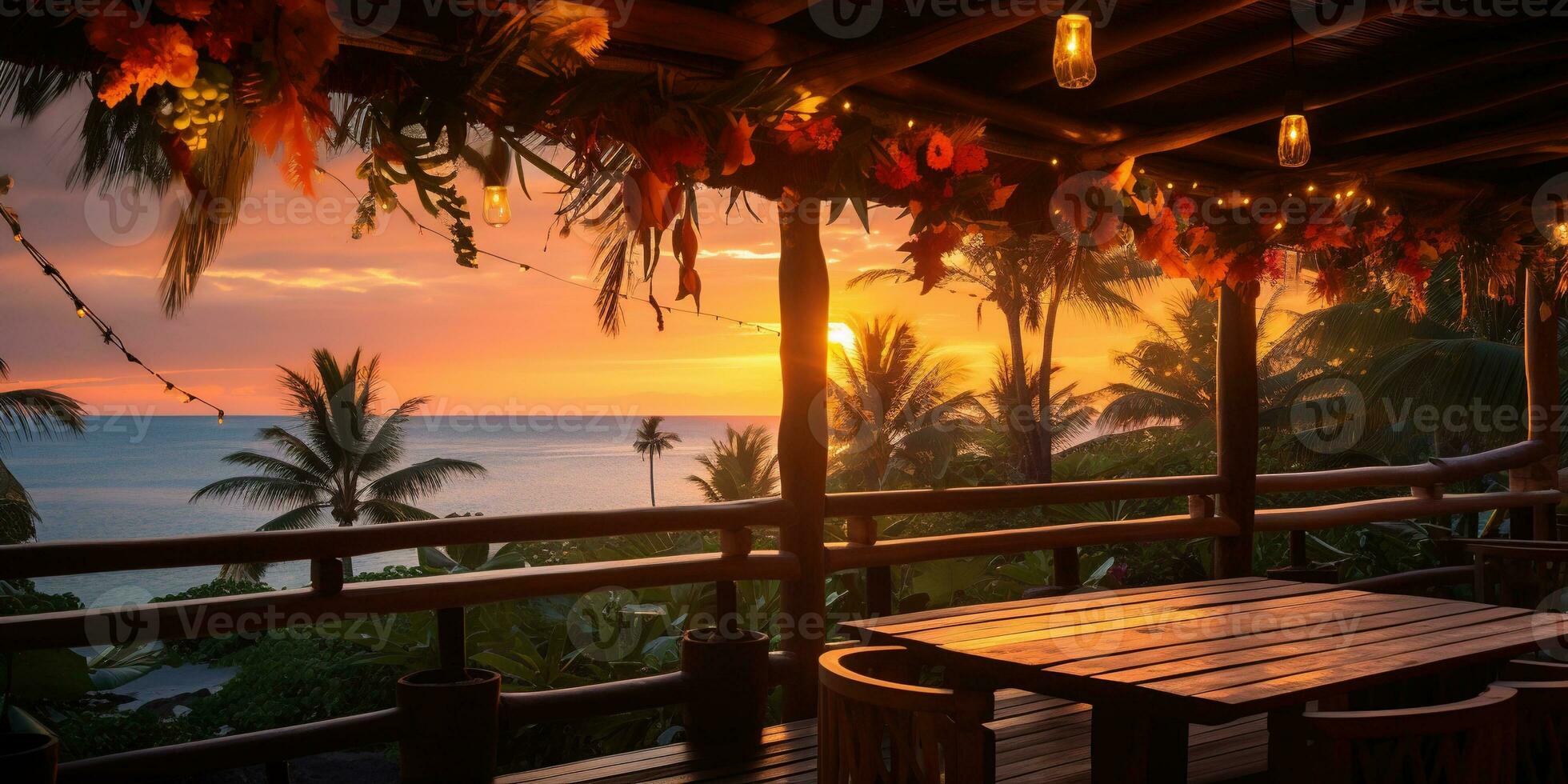 generativo ai, tropical verão pôr do sol de praia Barra fundo. ao ar livre restaurante, conduziu luz velas e de madeira mesas, cadeiras debaixo lindo pôr do sol céu, mar visualizar. foto