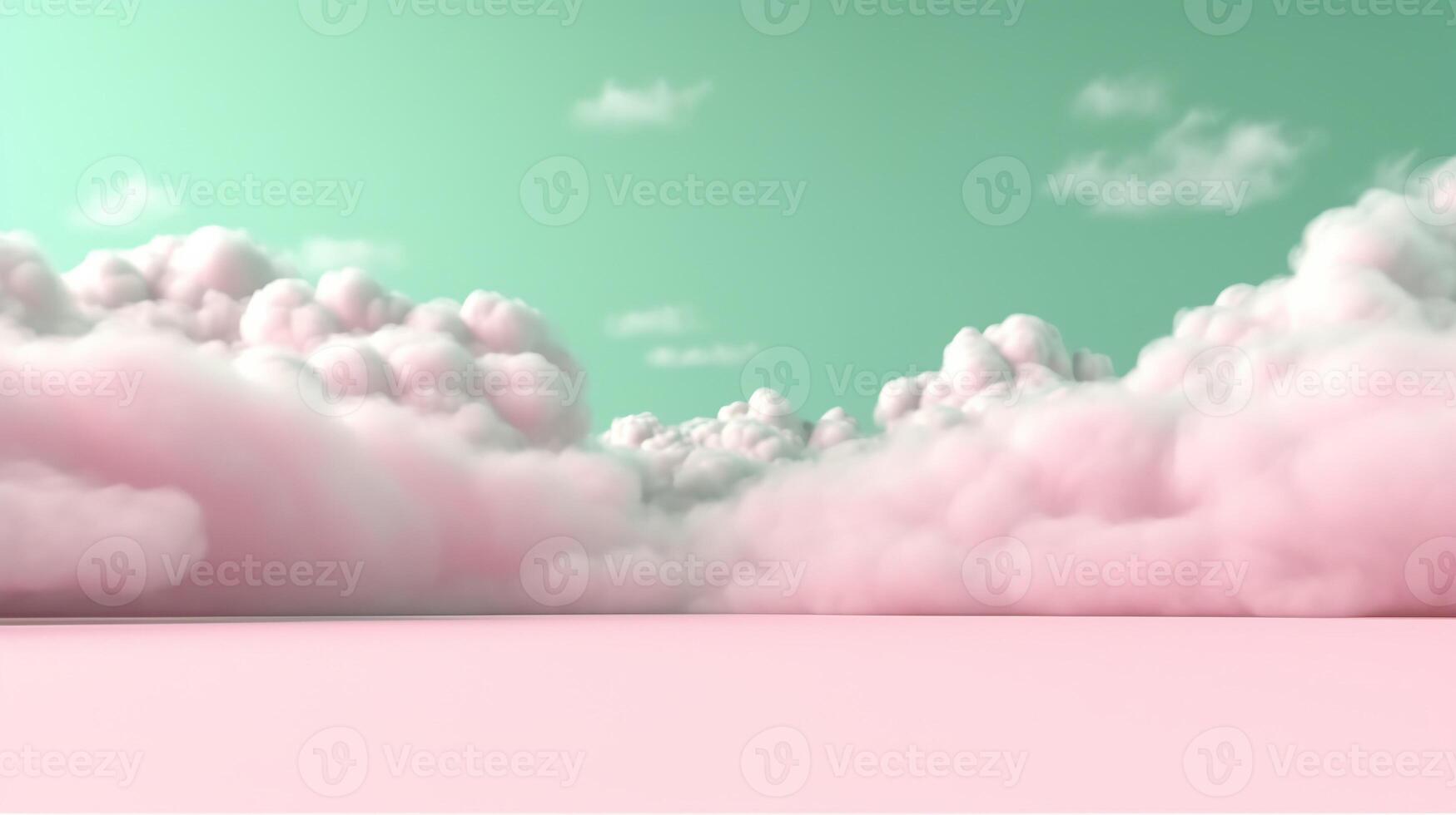 generativo ai, Rosa e verde fantástico 3d nuvens em a chão, céu e panorama. □ Gentil cores e com brilhante luzes. foto