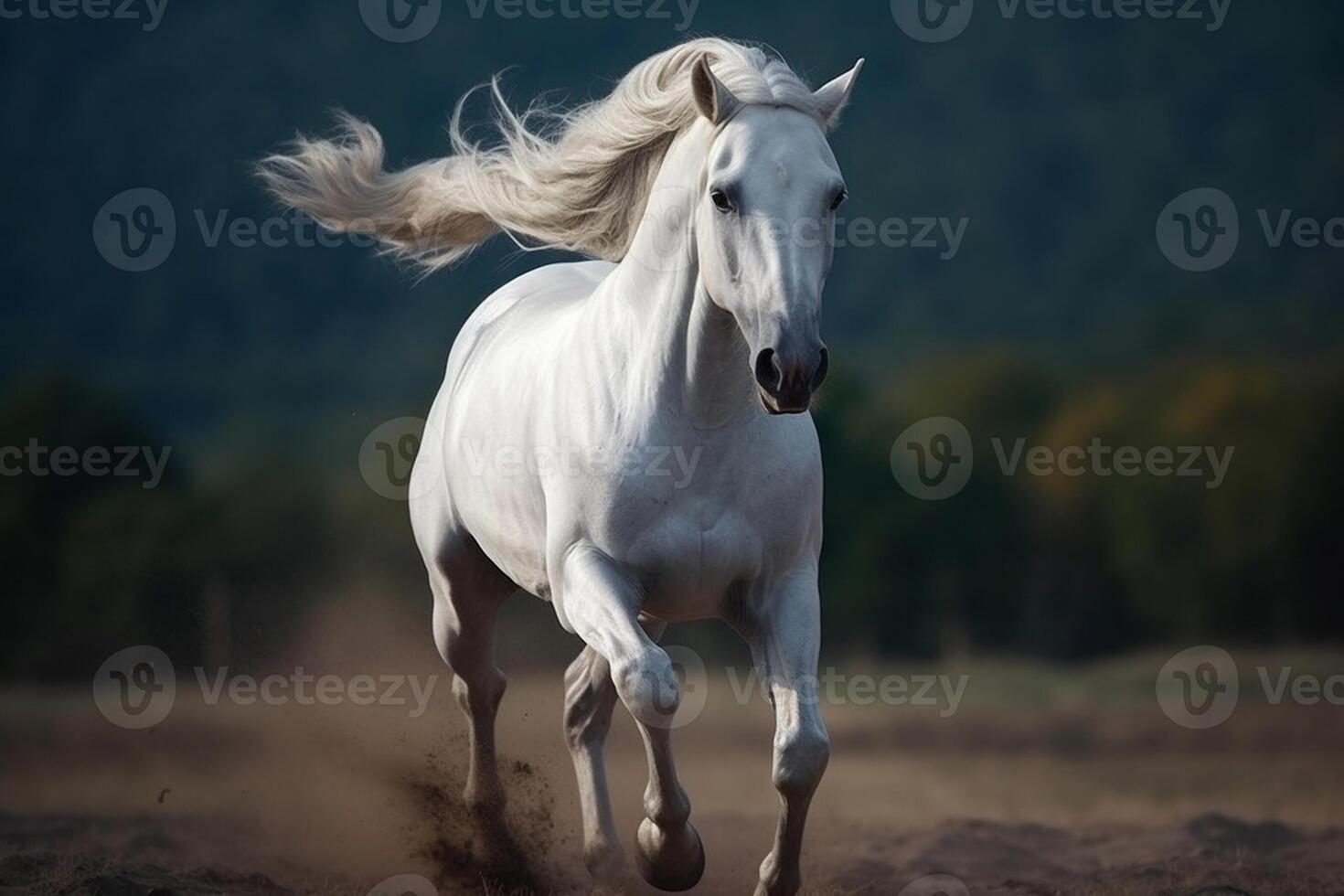 branco cavalo corrida corrida ao longo uma arenoso estrada, criada com generativo ai tecnologia foto