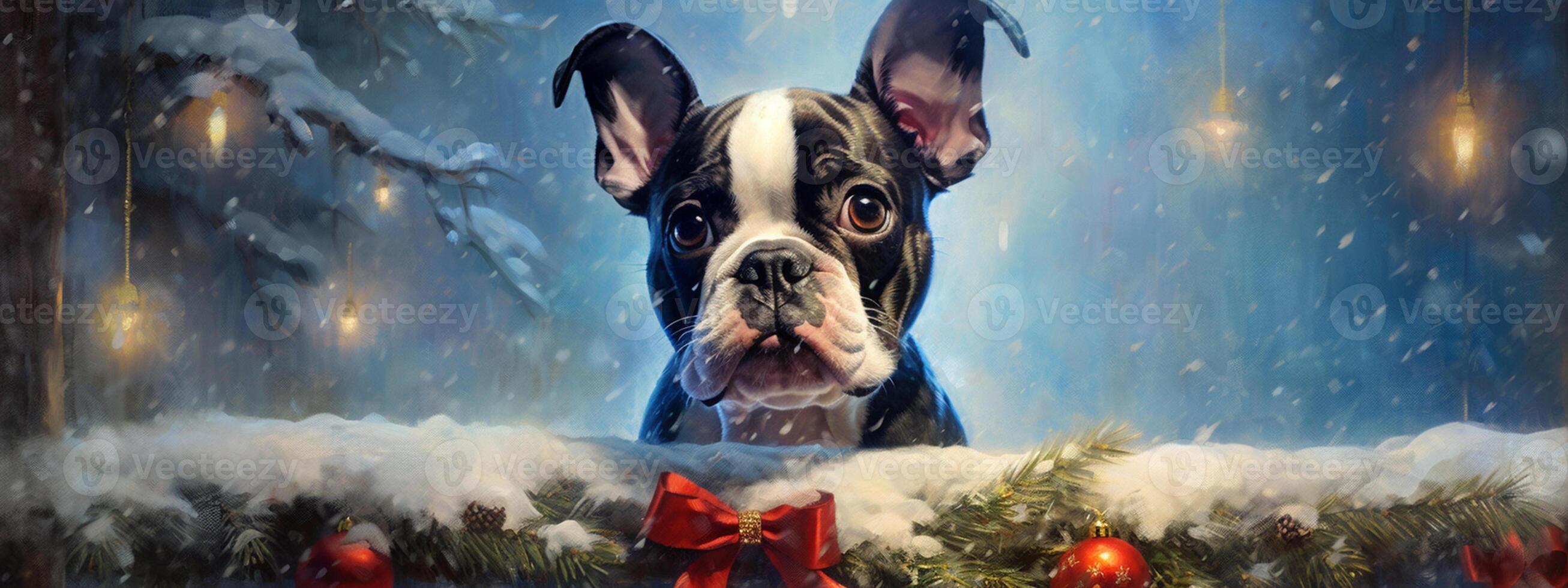 cachorro perto Natal árvore às lar. francês buldogue posando contra Natal fundo. bandeira. generativo ai foto