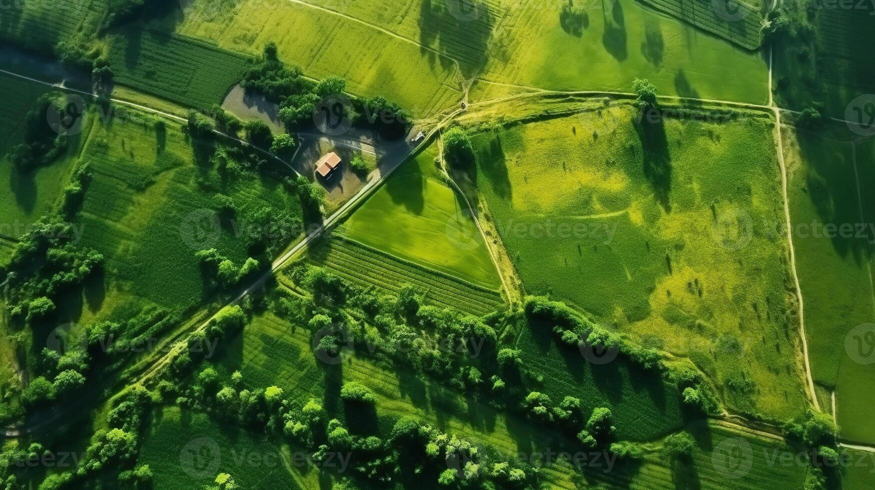 generativo ai, Fazenda paisagem, agrícola Campos, lindo interior, país estrada. natureza ilustração, fotorrealista topo Visão drone, horizontal bandeira. foto