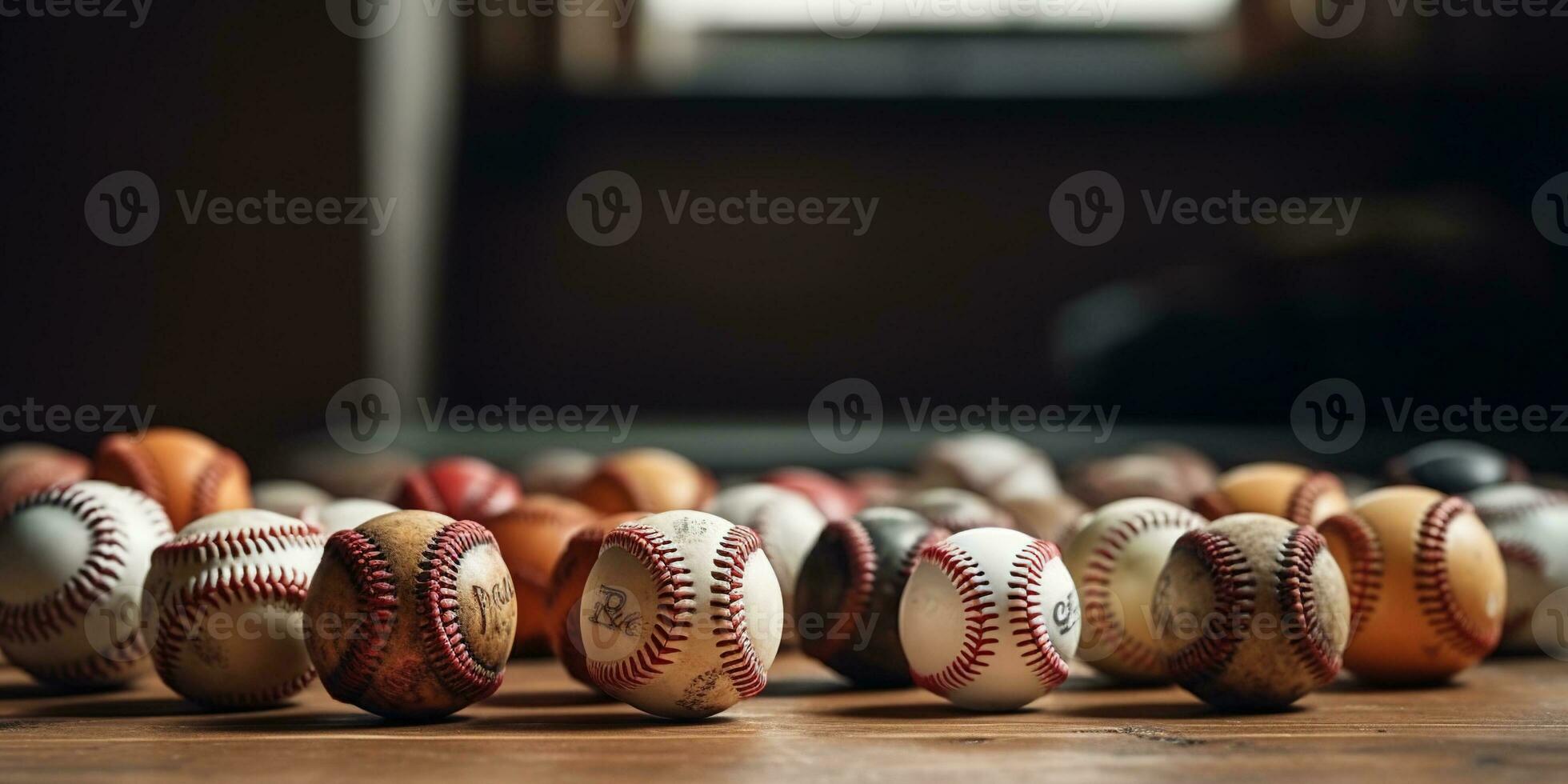 generativo ai, rude e áspero textura do velho beisebol bolas fechar acima em vintage fundo foto