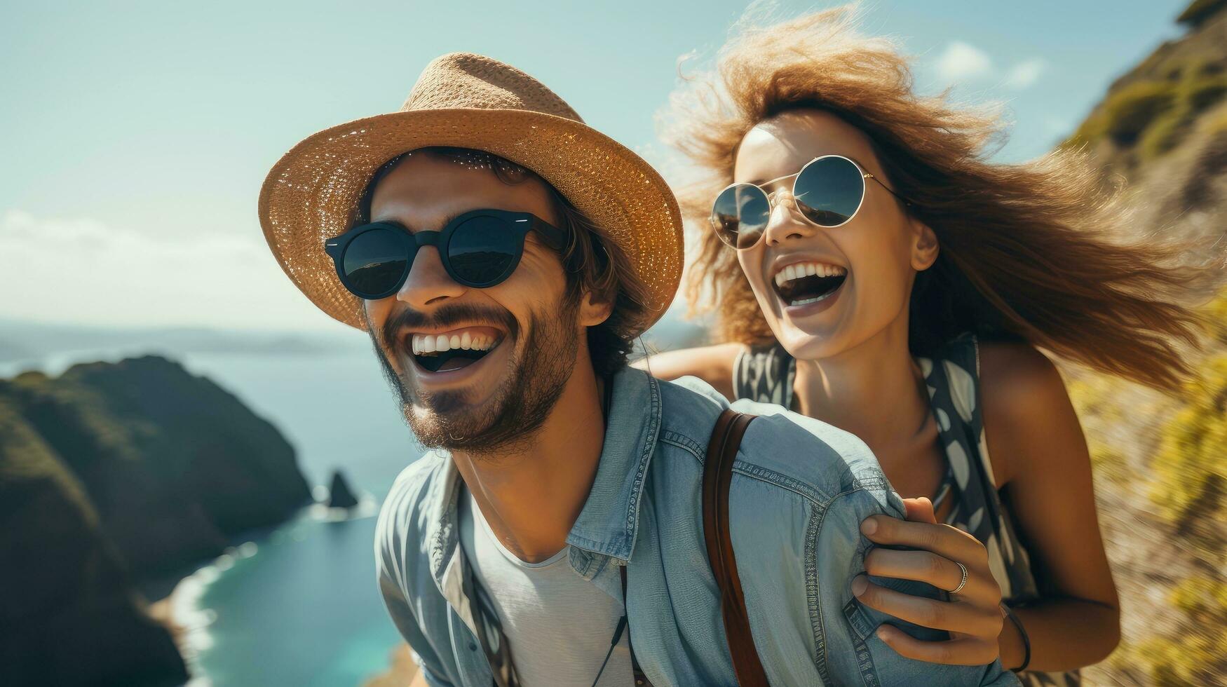 grupo do feliz amigos e rindo, turismo, viagem, pessoas partilha Boa e positivo humor, mochila acampamento caminhada viagem viagem caminhada conceito, com borrado fundo, generativo ai ilustração foto