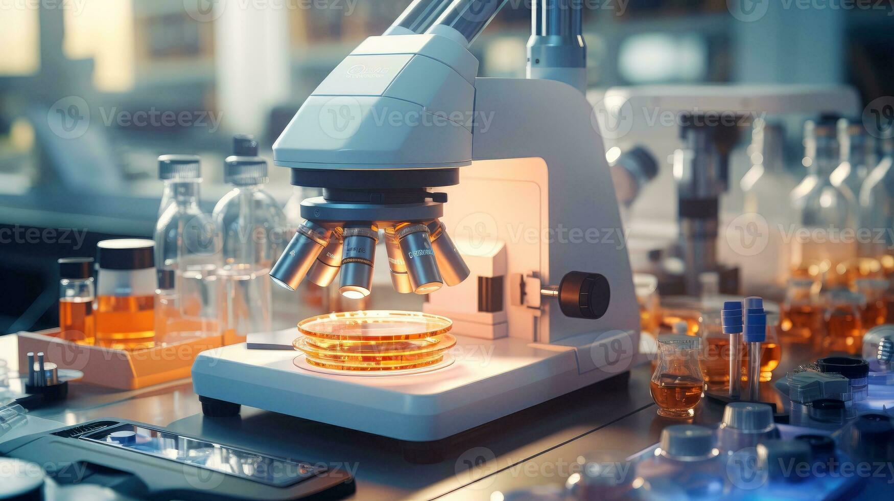 fechar-se tiro do microscópio com metal lente às laboratório. microscópio em a mesa com químico tubo e artigos de vidro dentro laboratório, Ciência pesquisa tecnologia, generativo ai ilustração foto