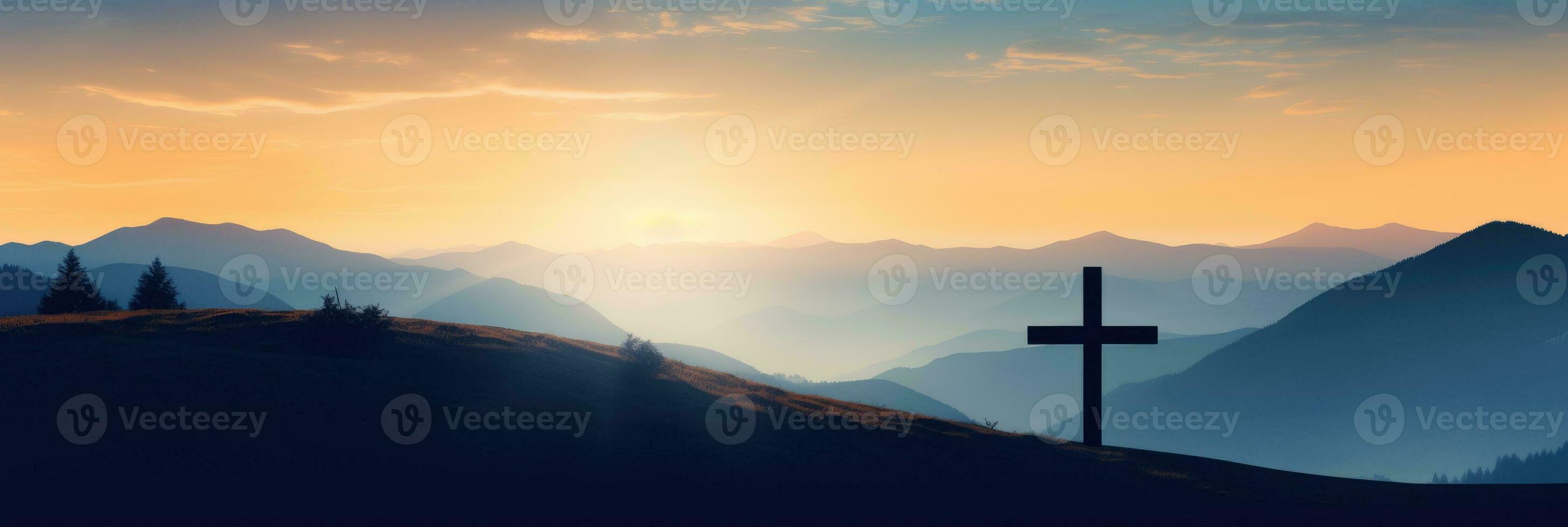 silhueta do uma Cruz em uma Colina dentro uma montanha panorama às pôr do sol. generativo ai foto