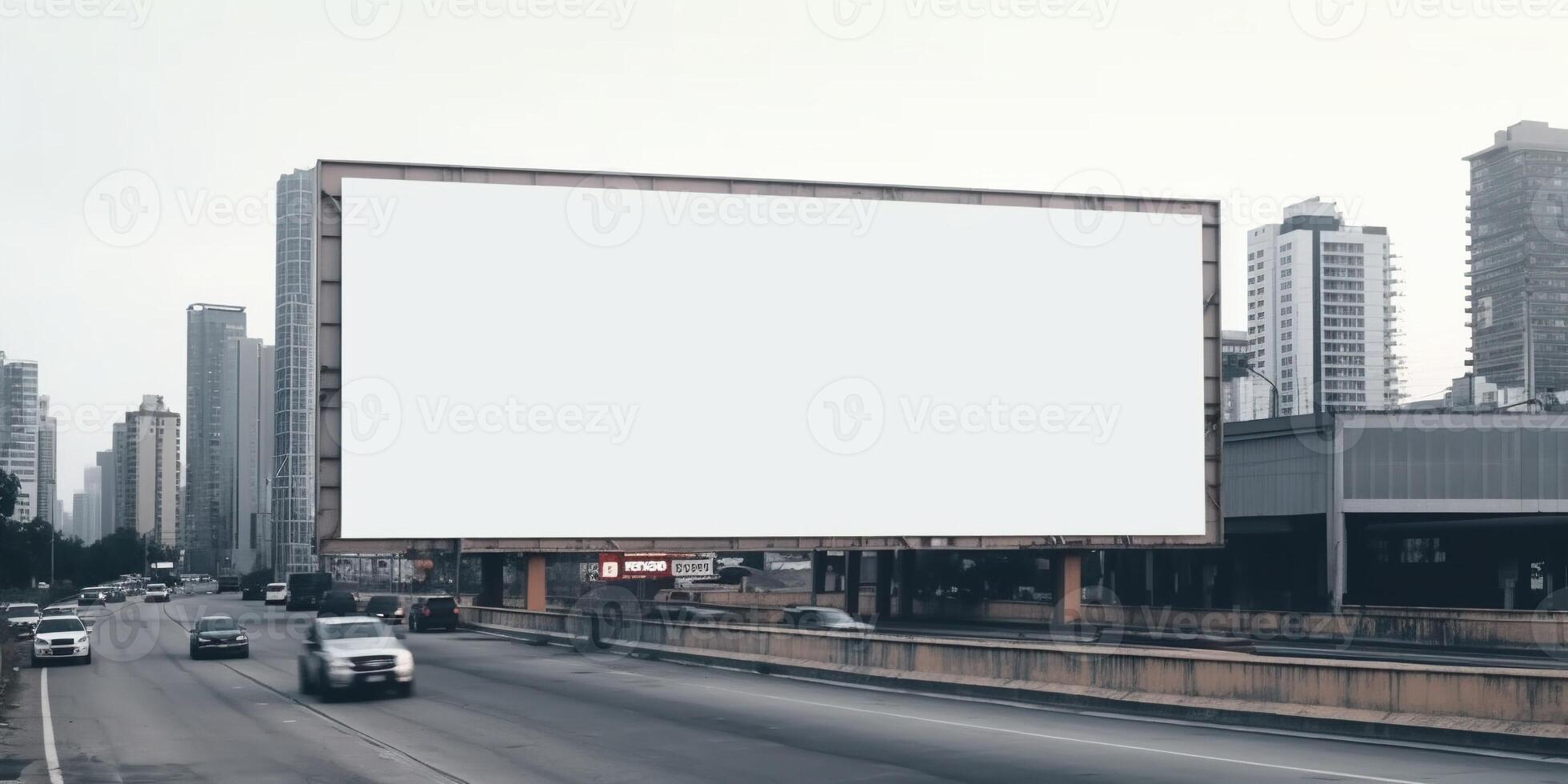 generativo ai, realista rua grande Painel publicitário zombar acima em branco para apresentação anúncio. ao ar livre placa em branco dentro a futurista cidade, o negócio conceito. foto