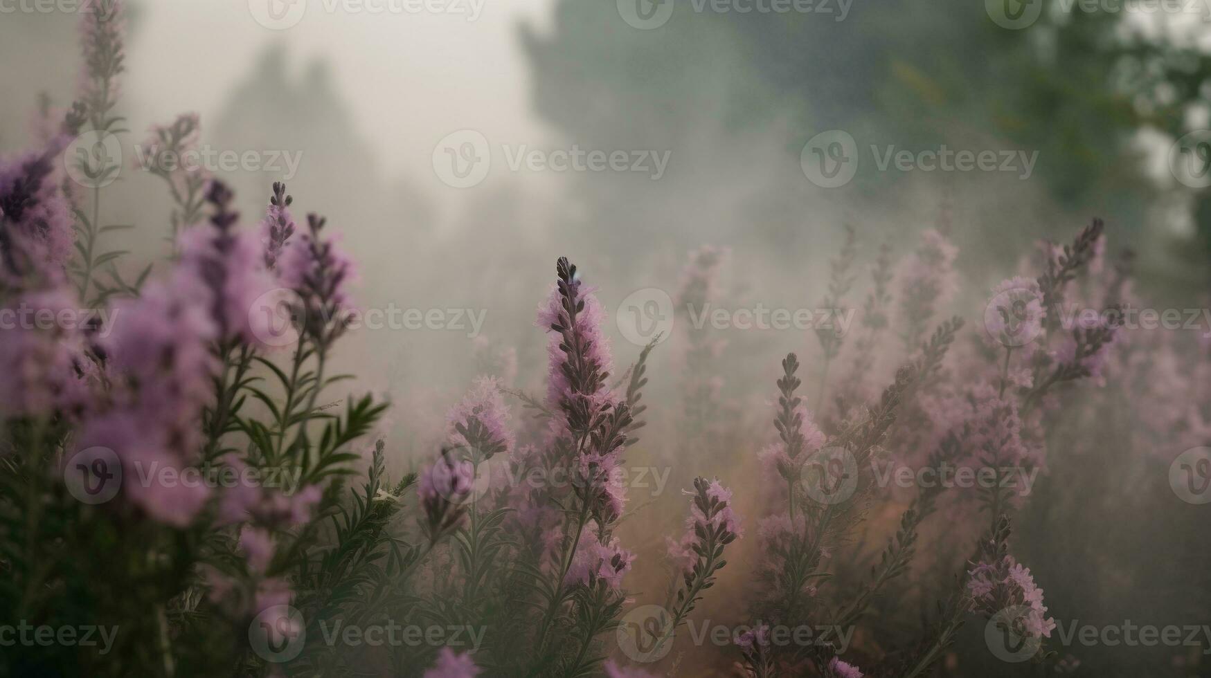 generativo ai, fechar acima crescendo lavanda campo com perfume fumaça, floração lavandula, Rosa roxa flores e grama. foto