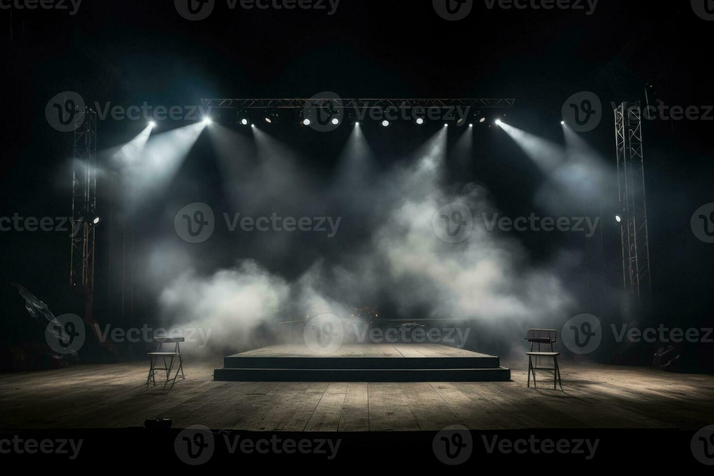 esvaziar musical cena com fumaça e holofotes. generativo ai foto