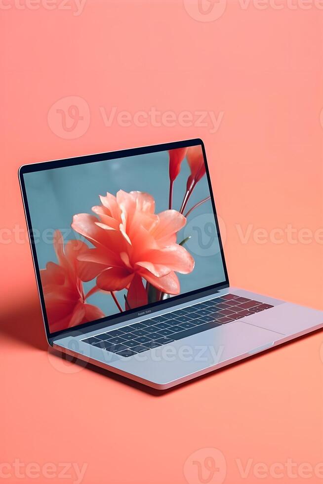 lustroso computador portátil brincar na moda fundo, Alto qualidade e realista, perfeito para marketing generativo ai foto