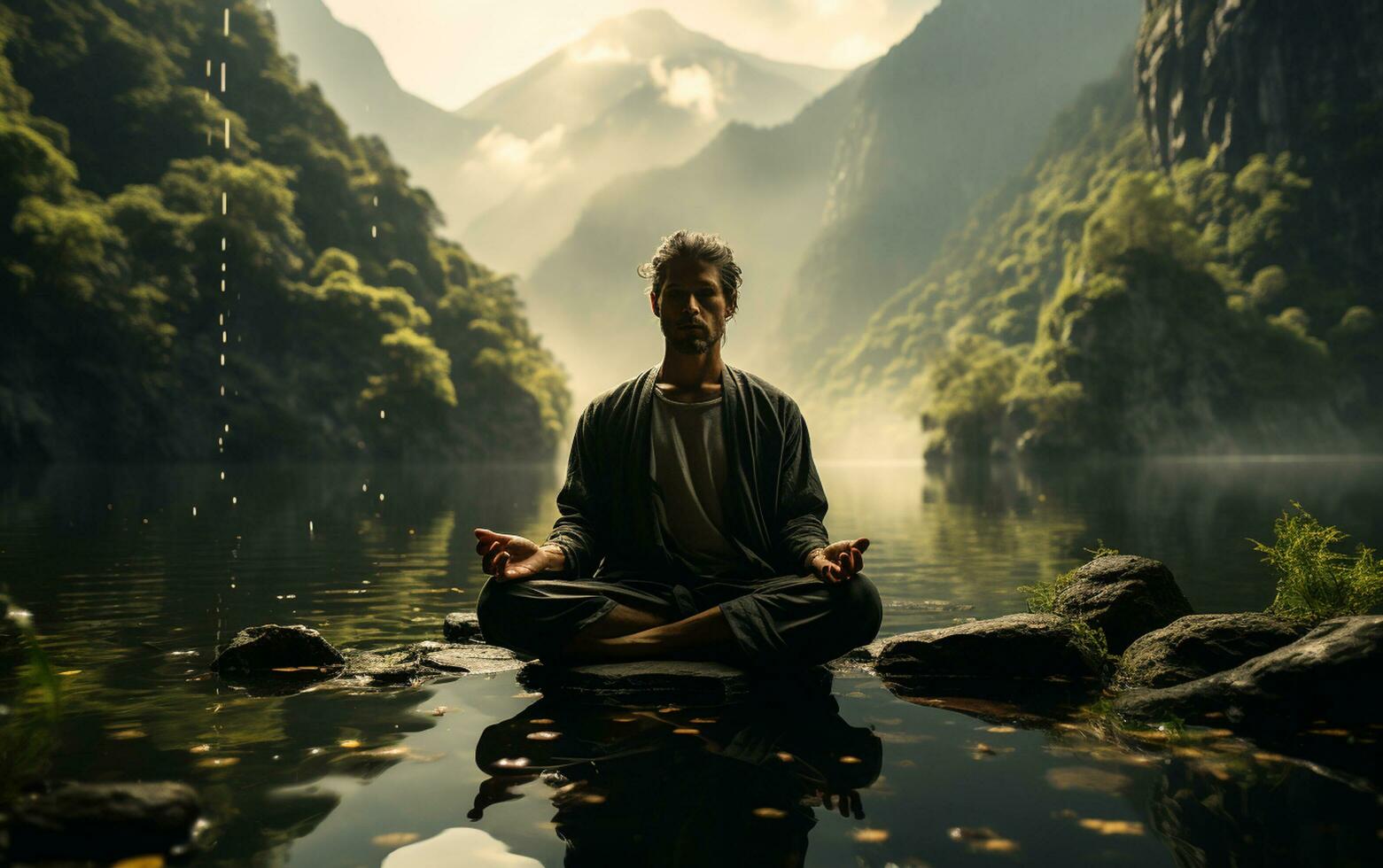 uma homem praticando atenção e meditação dentro uma pacífico natural meio Ambiente sony a7s realista imagem, ultra hd, Alto Projeto muito detalhado foto