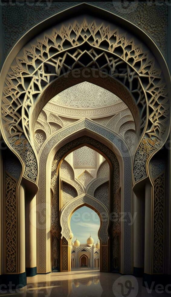 islâmico mesquita interior projeto, Palácio interior com dourado decoração, ai generativo foto