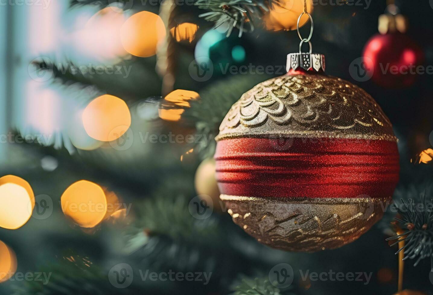 brilhando Natal árvore decorado com ornamental bolas e vermelho bagas para a feriado temporada. generativo ai foto