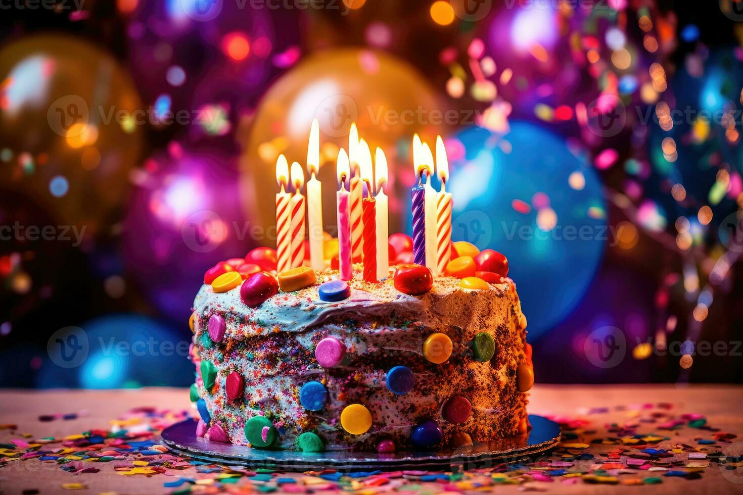 fechar - acima foto do uma aniversário celebração com uma belas decorado bolo, colorida velas. generativo ai