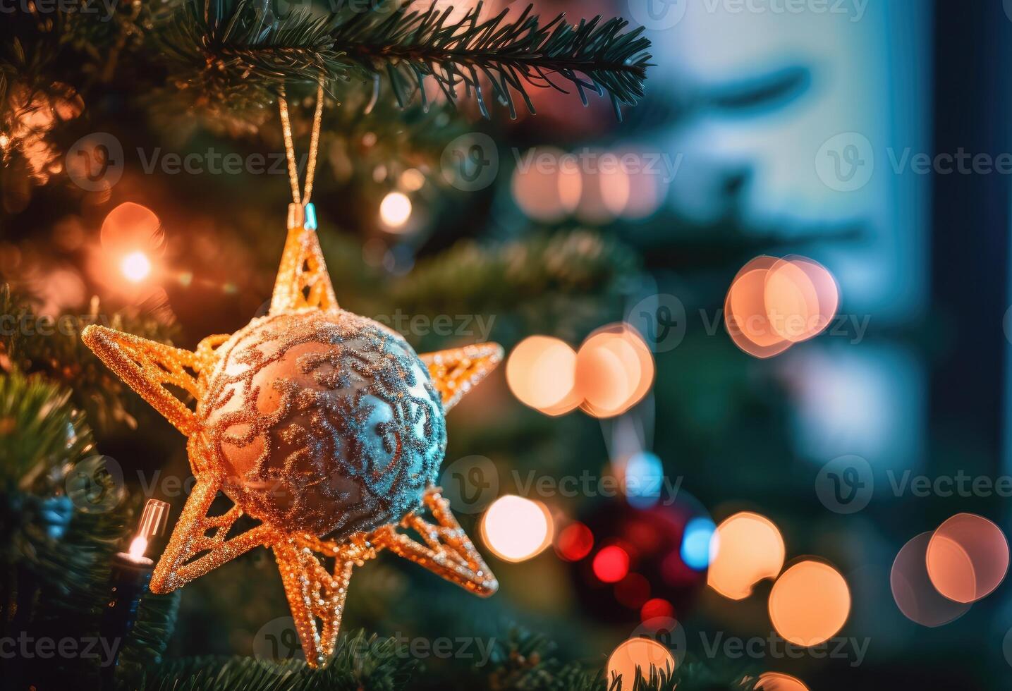 brilhando Natal árvore decorado com ornamental bolas e vermelho bagas para a feriado temporada. generativo ai foto