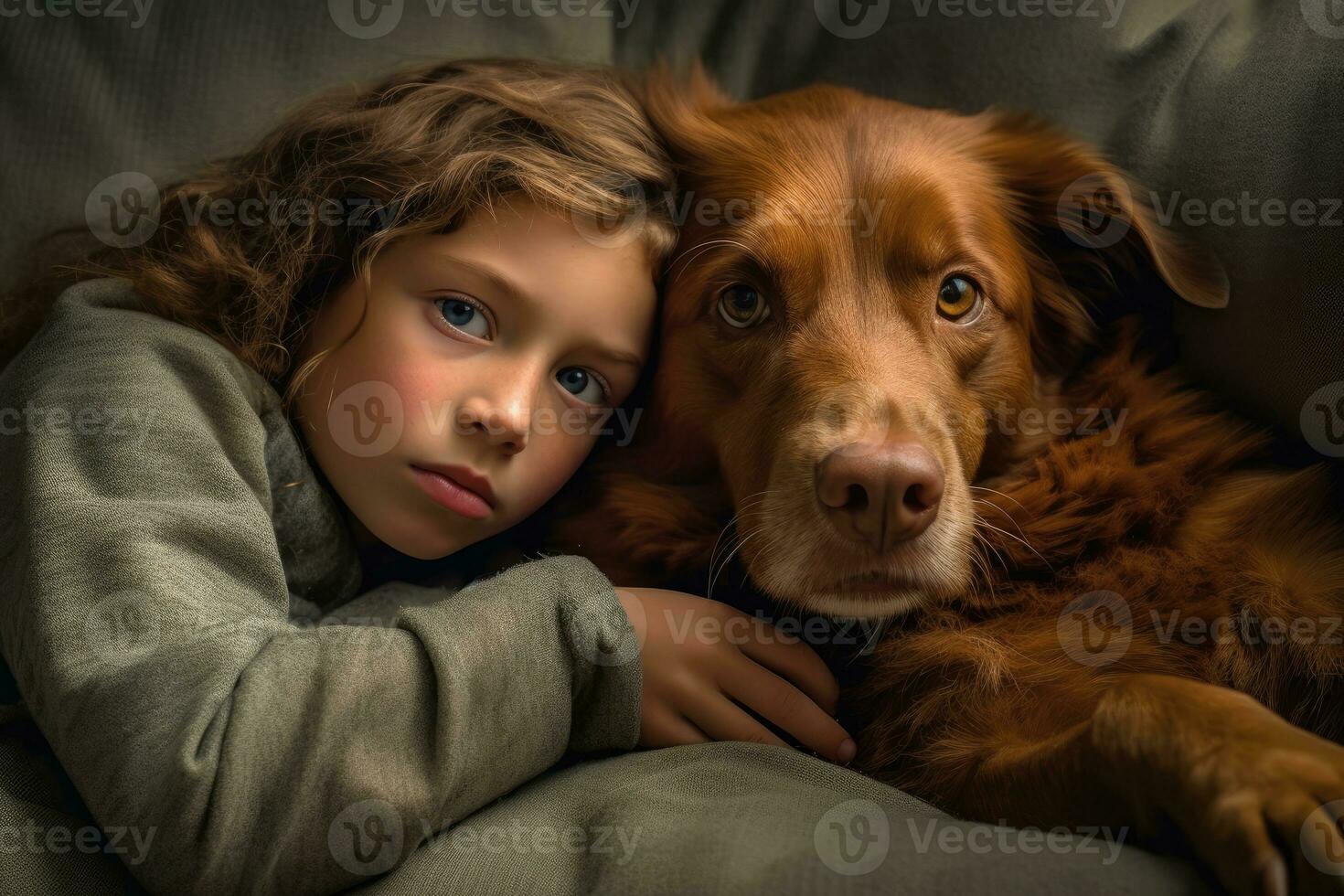 uma foto do uma criança e seus cachorro aconchegado acima juntos em uma acolhedor sofá. generativo ai