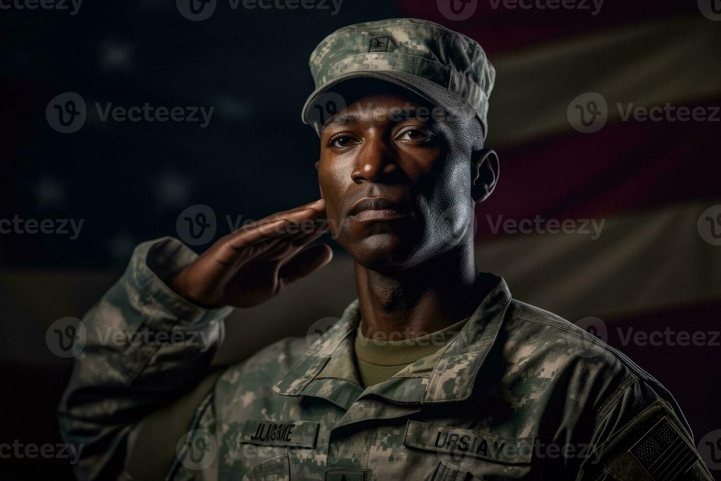 americano soldado dentro uniforme em pé alta e saudando, com a americano bandeira dentro a fundo. generativo ai foto