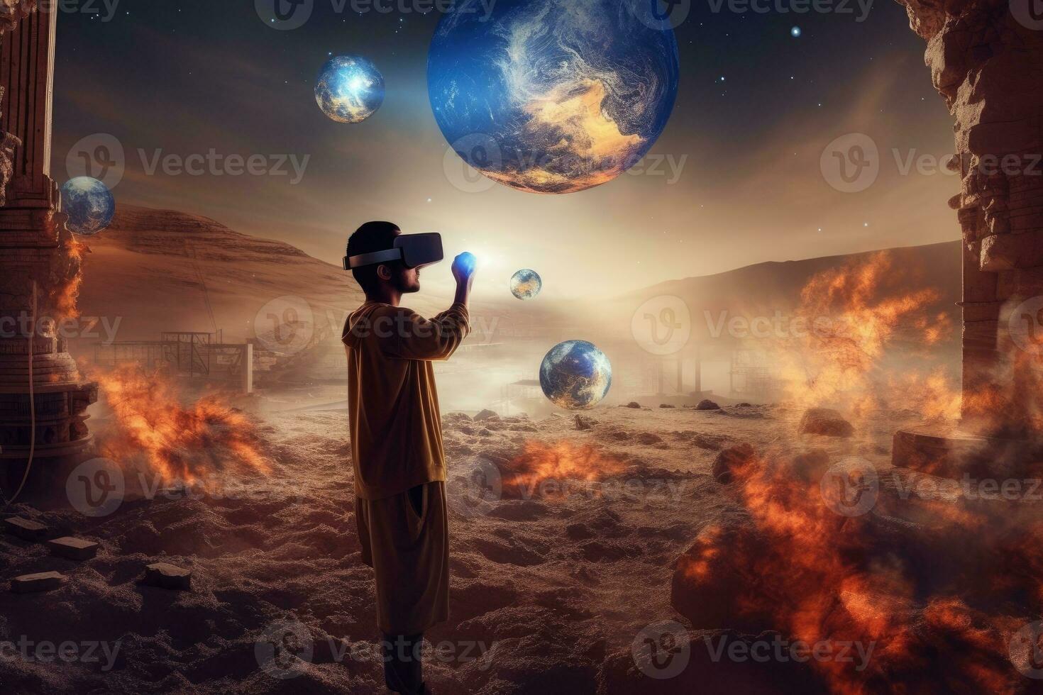 uma foto do uma pessoa experimentando uma virtual realidade vr simulação. generativo ai