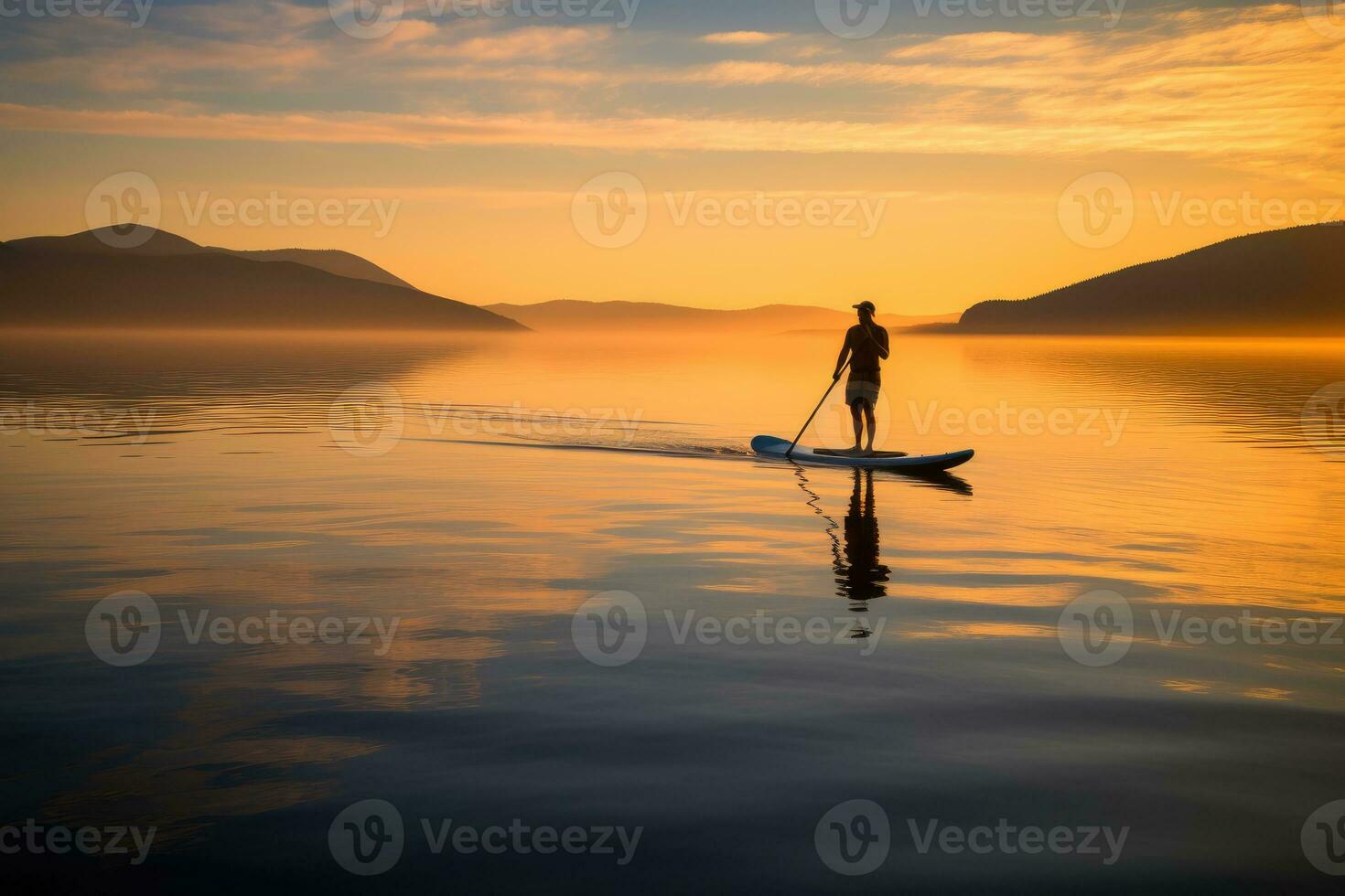 uma sereno tiro do uma paddleboarder planador através uma calma lago às nascer do sol. generativo ai foto