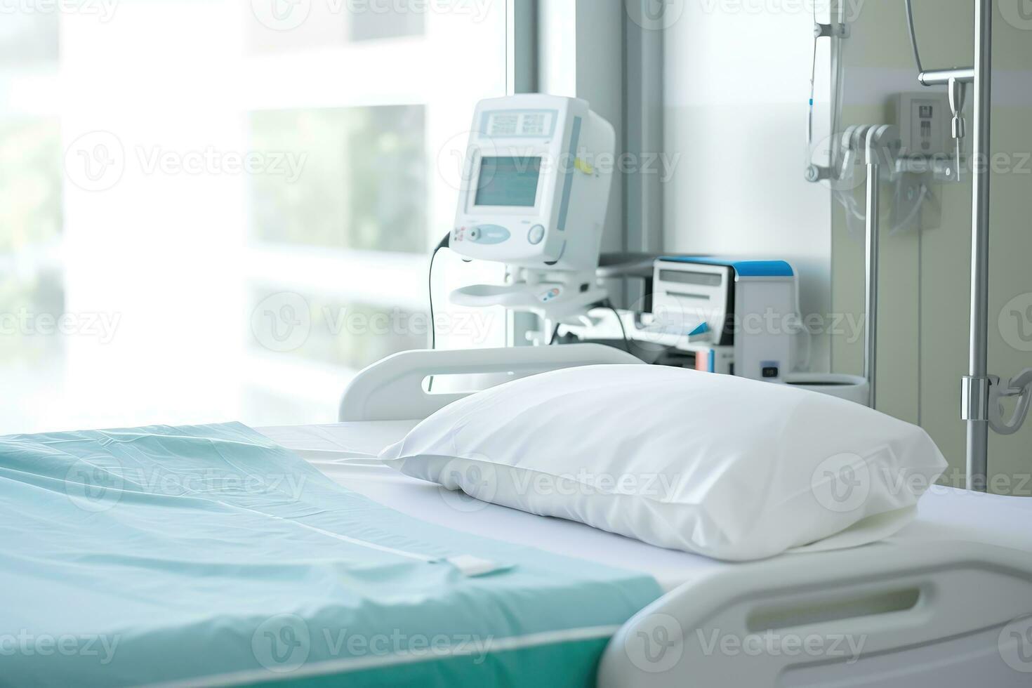 uma fechar - acima tiro do uma hospital cama com nítido, branco cama folhas e ordenadamente arranjado médico equipamento. generativo ai foto