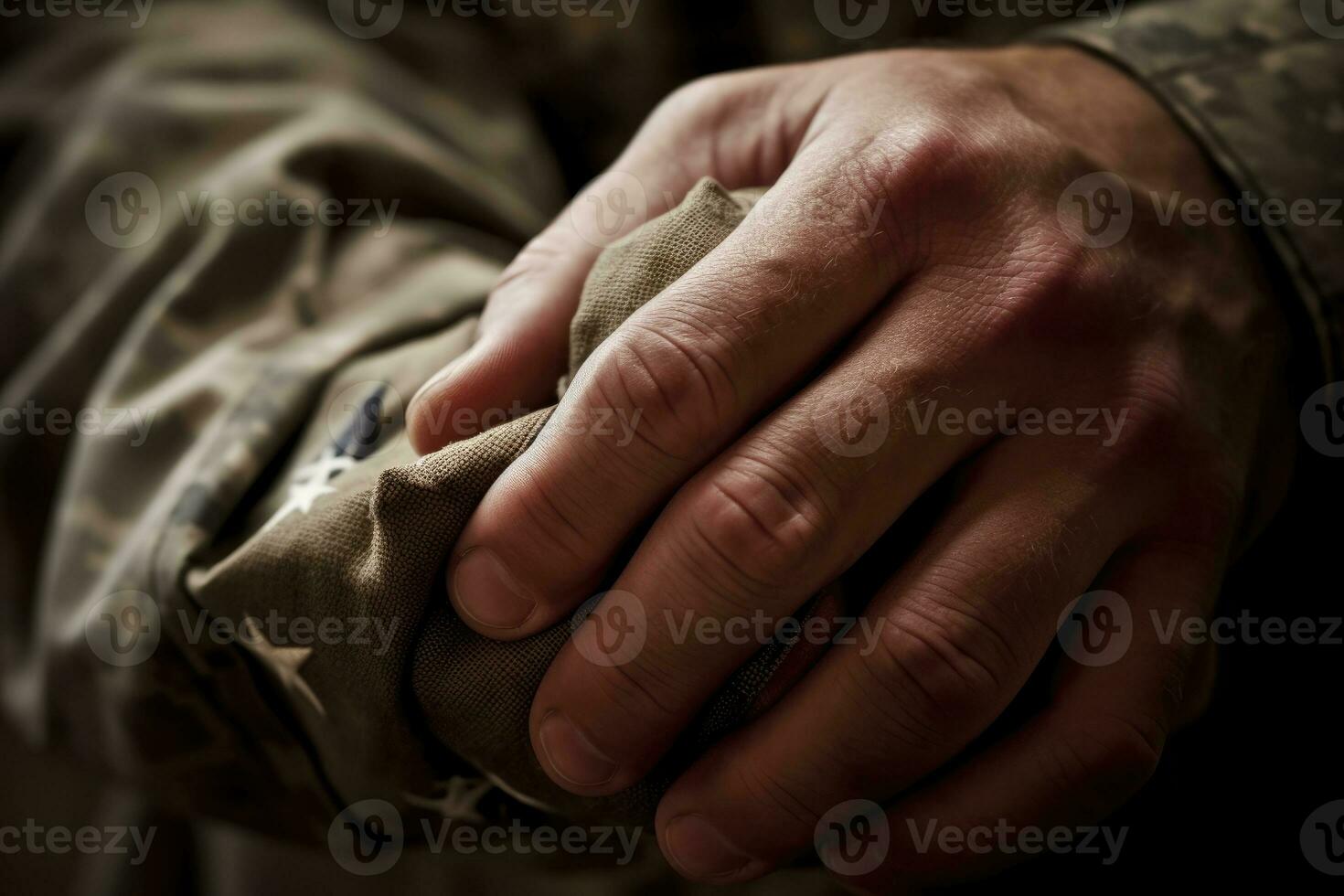 uma fechar - acima foto do a americano de soldado mão segurando uma guardada americano bandeira, representando honra e sacrifício. generativo ai