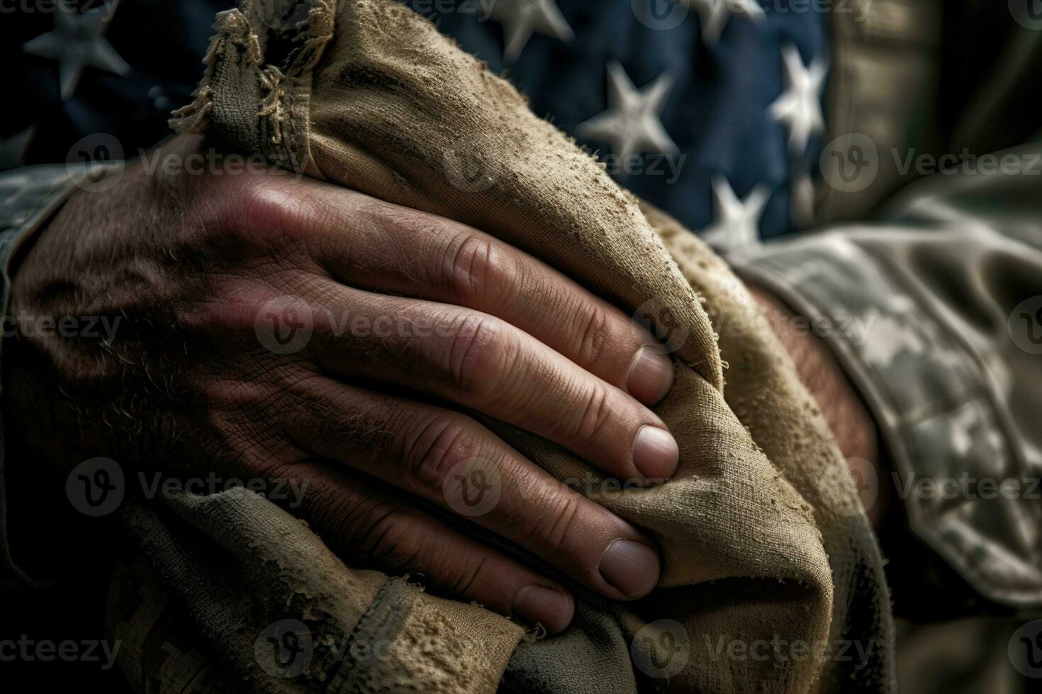 uma fechar - acima foto do a americano de soldado mão segurando uma guardada americano bandeira, representando honra e sacrifício. generativo ai