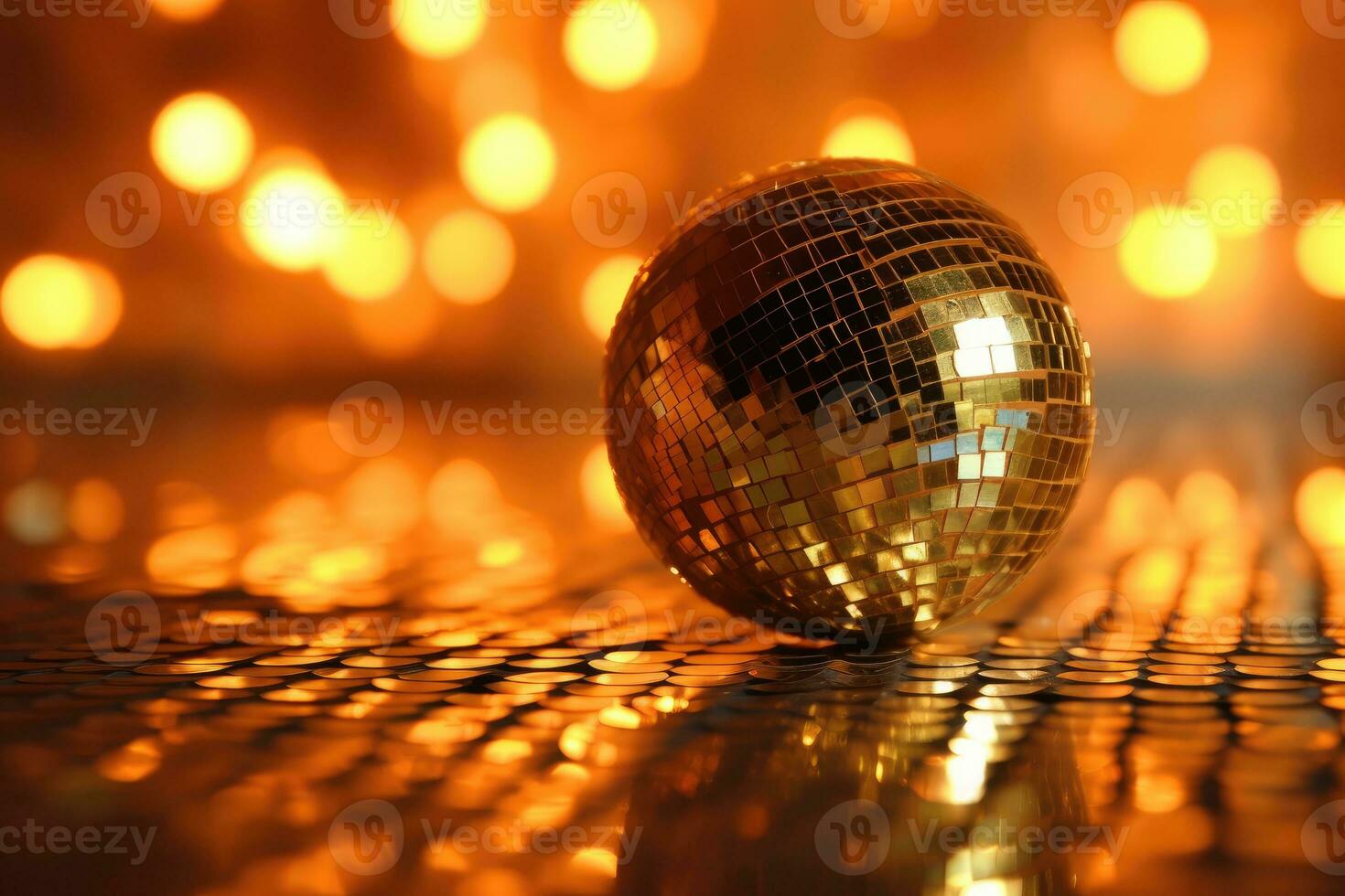 uma fechar - acima tiro do uma Novo anos véspera decoração com uma foco em uma espumante discoteca bola. generativo ai foto