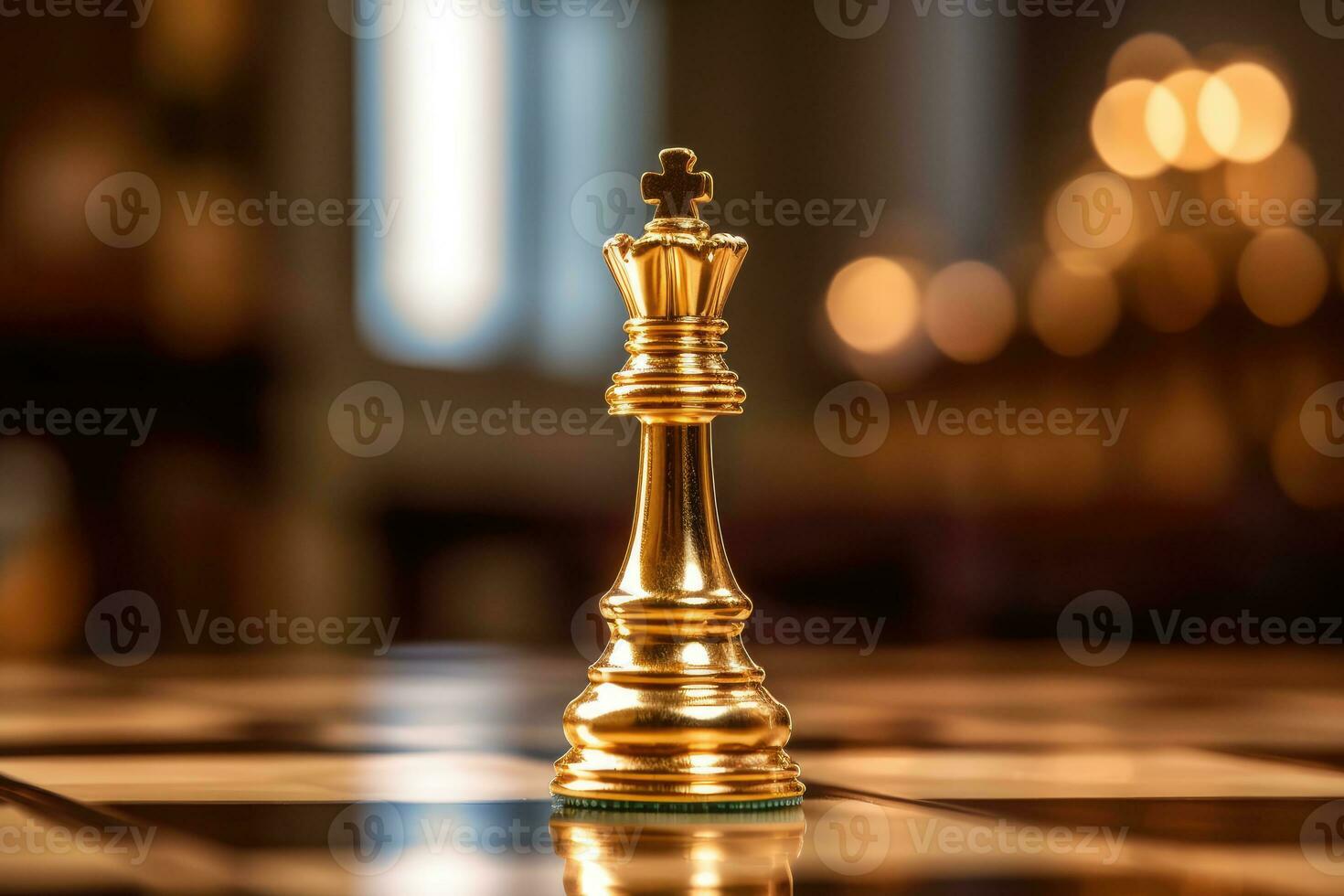 uma fechar - acima tiro do uma ouro rainha xadrez pedaço, em pé com confiança em uma tabuleiro de xadrez. generativo ai foto