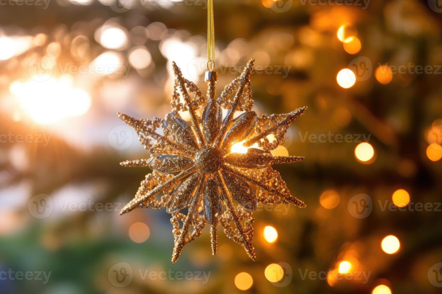 uma fechar - acima tiro do uma dourado cintilante Estrela enfeite suspensão a partir de uma Natal árvore ramo. generativo ai foto