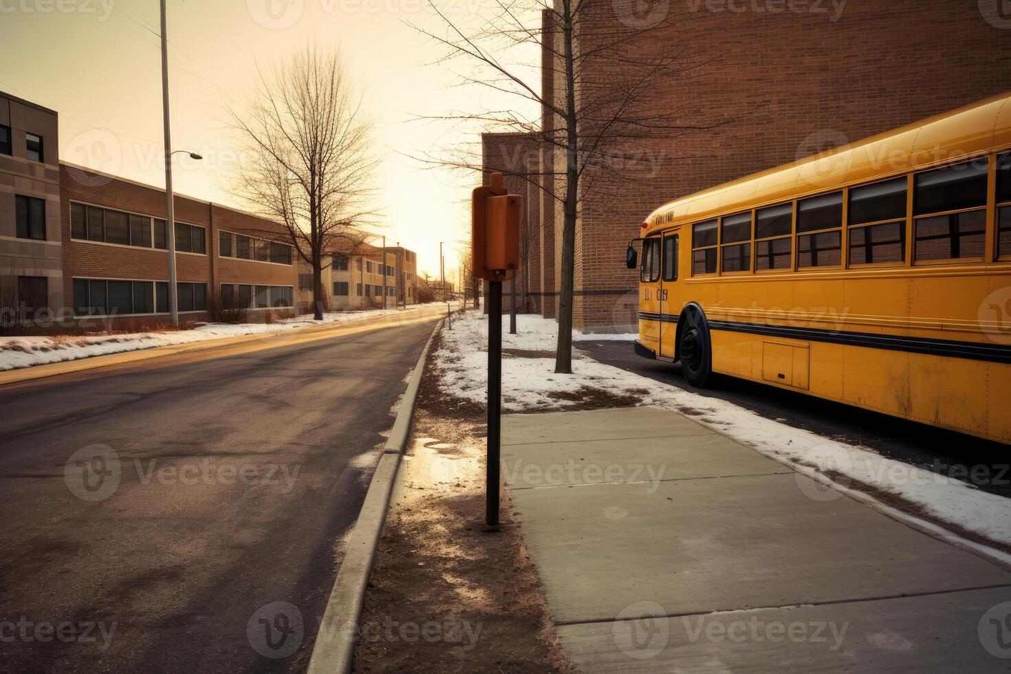 uma Largo - ângulo tiro do uma escola ônibus Pare placa com a esvaziar calçada dentro a fundo. generativo ai foto