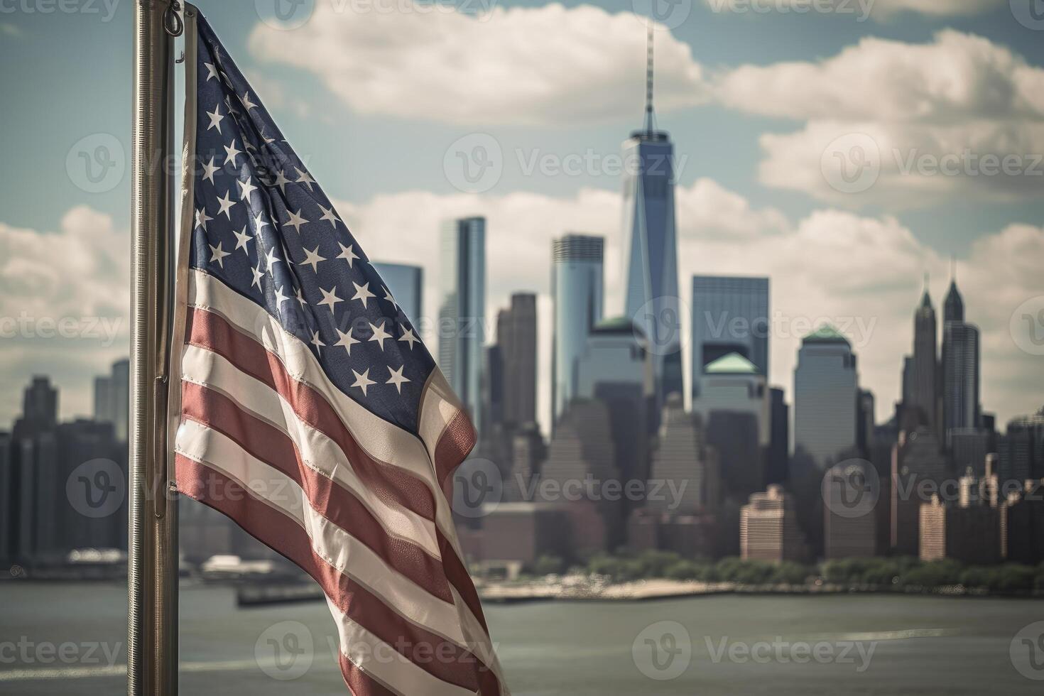 uma fechar - acima tiro do a americano bandeira suavemente acenando dentro a primeiro plano, com a icônico Novo Iorque cidade Horizonte Como uma deslumbrante pano de fundo. generativo ai foto