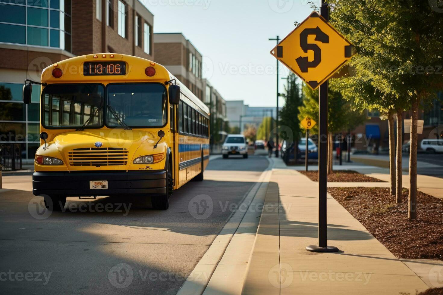 uma Largo - ângulo tiro do uma escola ônibus Pare placa com a esvaziar calçada dentro a fundo. generativo ai foto