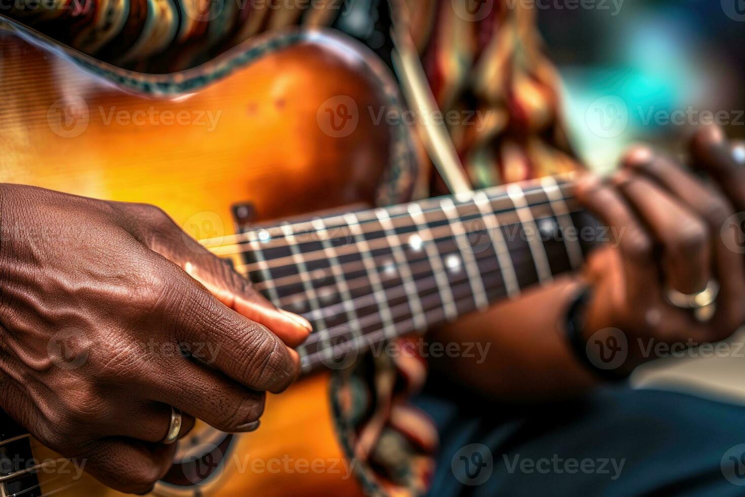 uma impressionante fechar - acima tiro do uma rua do músico mãos apaixonadamente jogando a guitarra. generativo ai foto