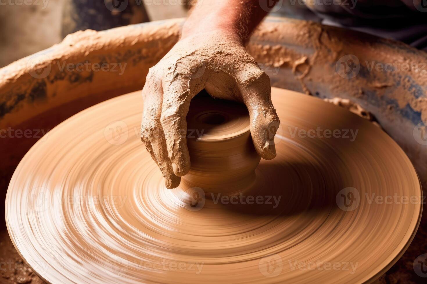 uma topo - Visão foto do uma de oleiro roda dentro movimento, exibindo a fiação movimento e a especializado mãos do a oleiro. generativo ai