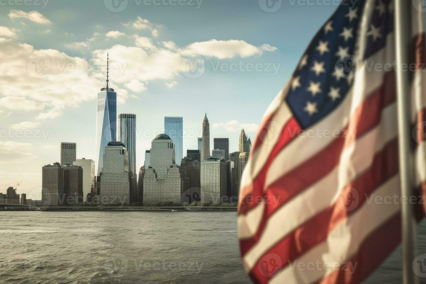 uma fechar - acima tiro do a americano bandeira suavemente acenando dentro a primeiro plano, com a icônico Novo Iorque cidade Horizonte Como uma deslumbrante pano de fundo. generativo ai foto