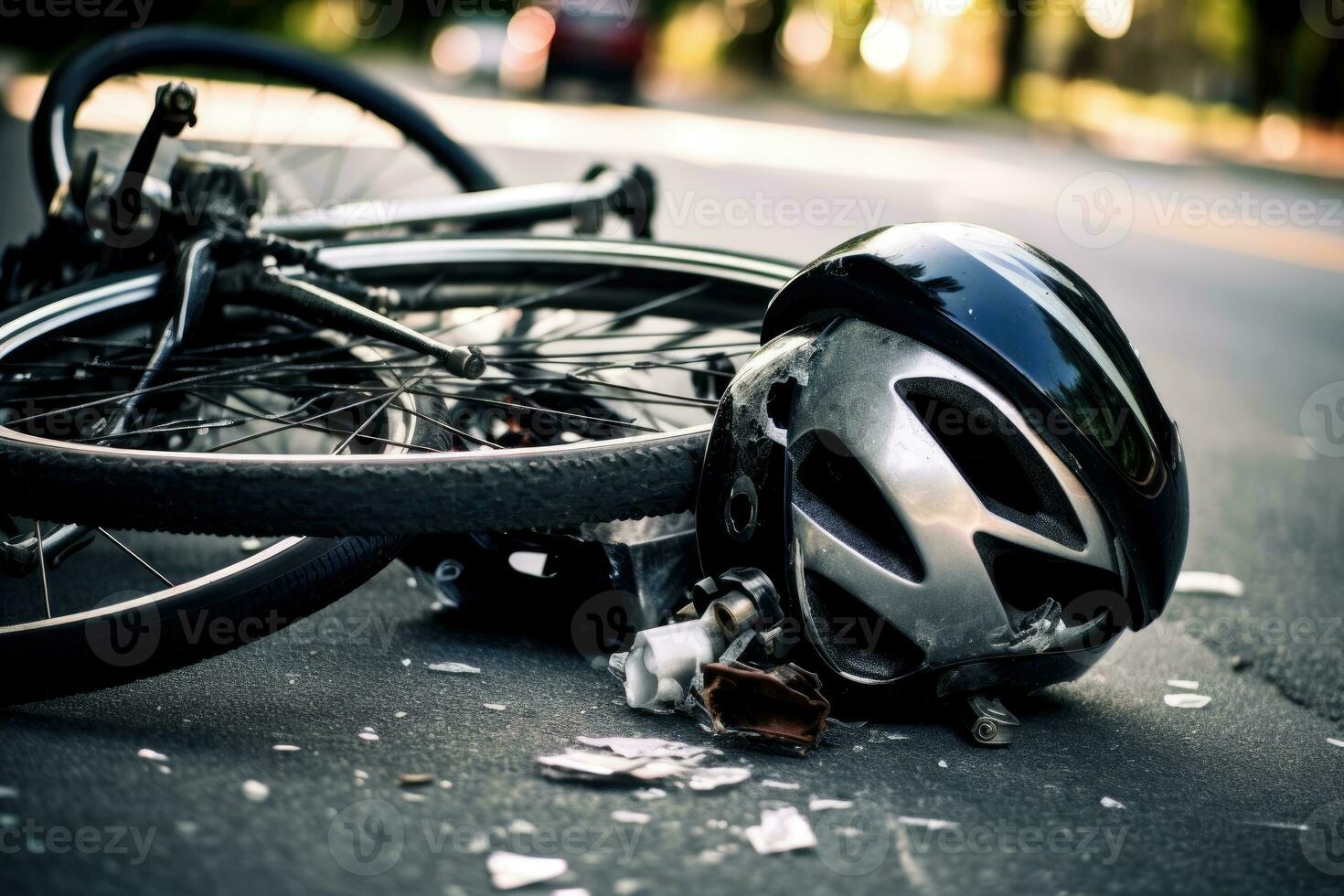 uma imagem de capturando a conseqüência do uma bicicleta batida em uma cidade estrada. generativo ai foto