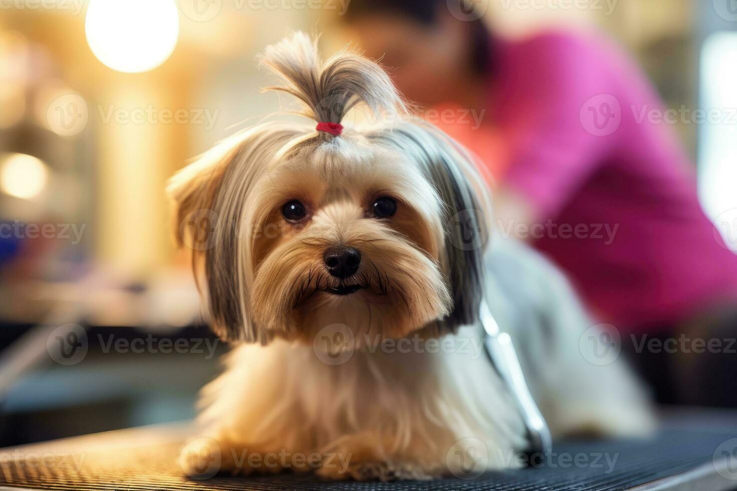 profissional animal aparador Como ela delicadamente guarnições a pele do uma fofo cachorro às uma aliciamento salão. generativo ai foto