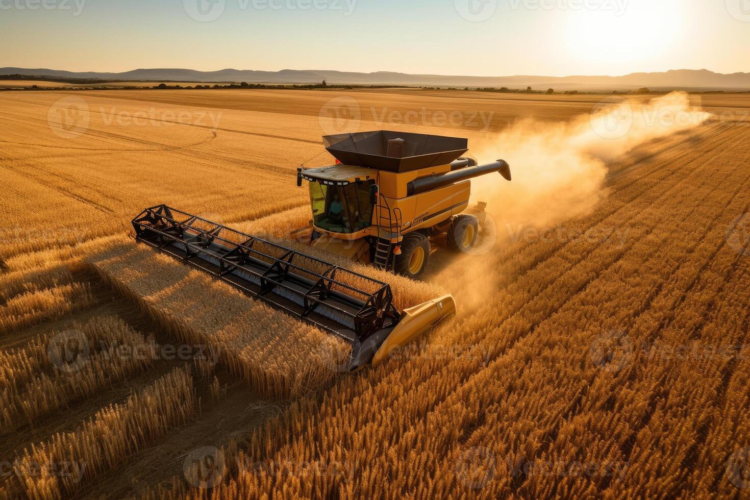 moderno industrial combinar colheitadeira trabalhando Está caminho através grande trigo Campos. generativo ai foto