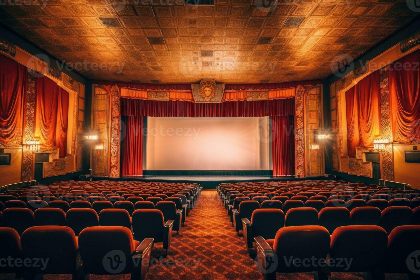 a atmosférico configuração do a velho - formado filme teatro. a vagamente aceso auditório, adornado com veludo cortinas. generativo ai foto