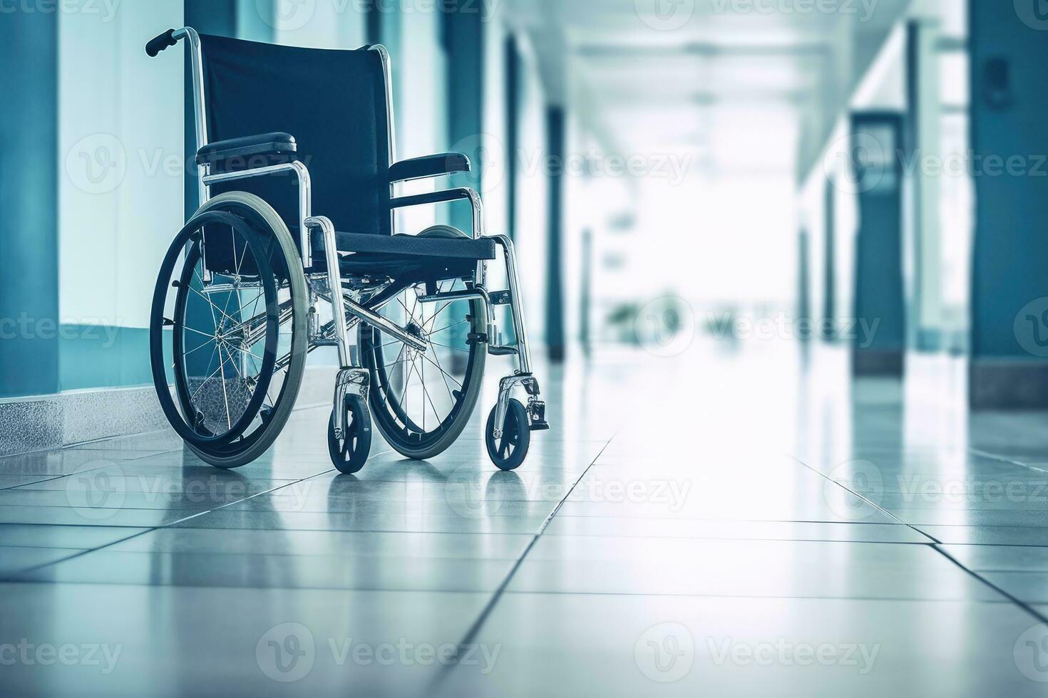 uma fechar - acima do a esvaziar cadeira de rodas dentro uma moderno hospital corredor. generativo ai foto