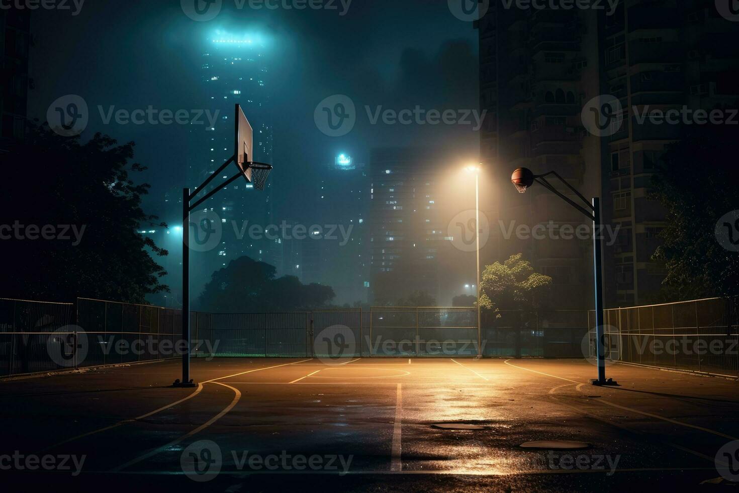 esvaziar urbano ao ar livre basquetebol quadra às noite com uma Largo - ângulo visualizar. generativo ai foto