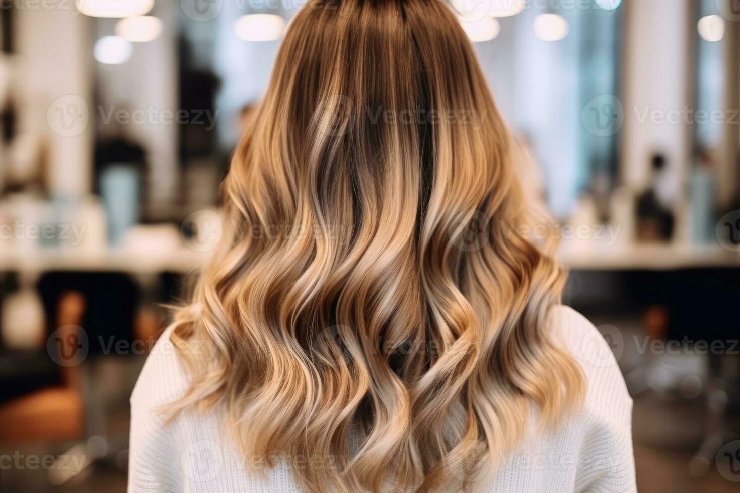 uma fechar - acima foto este vitrines a balayage efeito em cabelo a partir de a costas visualizar. generativo ai