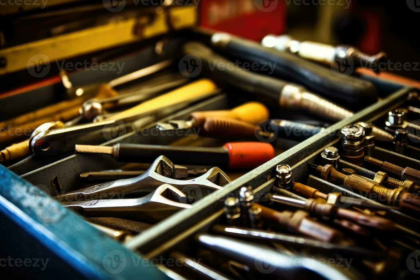 fechar - acima Visão do uma Caixa de ferramentas às uma mecânica comprar, concentrando em a Ferramentas dentro. generativo ai foto