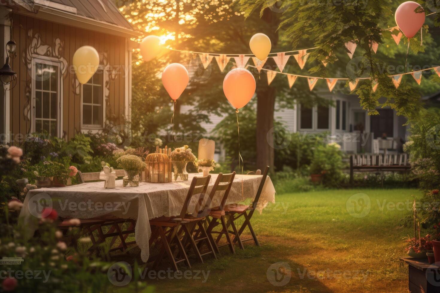 atmosférico tiro do uma jardim aniversário festa às pôr do sol. generativo ai foto