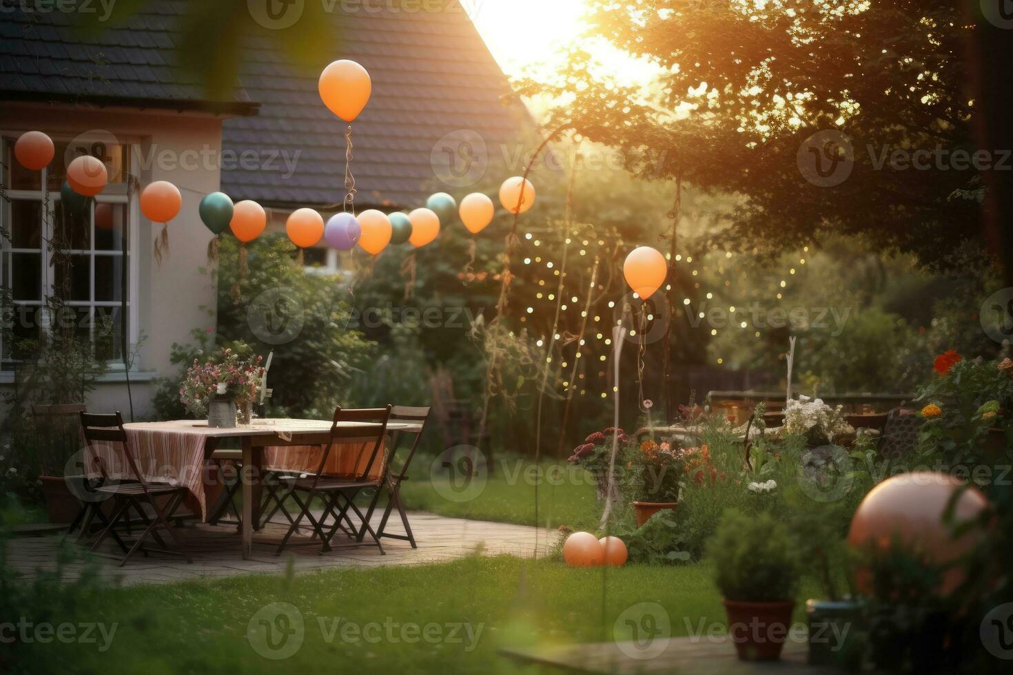 atmosférico tiro do uma jardim aniversário festa às pôr do sol. generativo ai foto